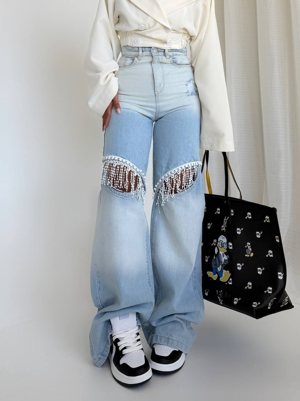 شلوار جین نیم بگ زانو گیپور ELGO کد : ۷۰۶۹۰